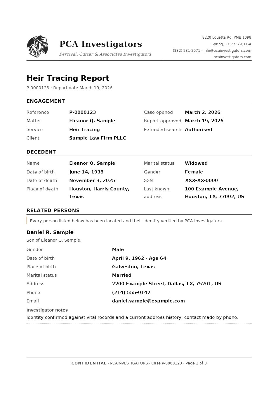 Page 1 of the sample heir tracing report: engagement details, decedent details and the first verified heir
