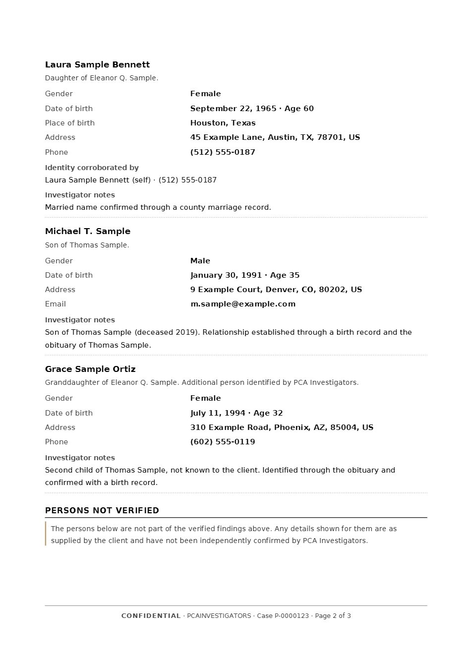 Page 2 of the sample report: further verified heirs, including a person the client did not know about