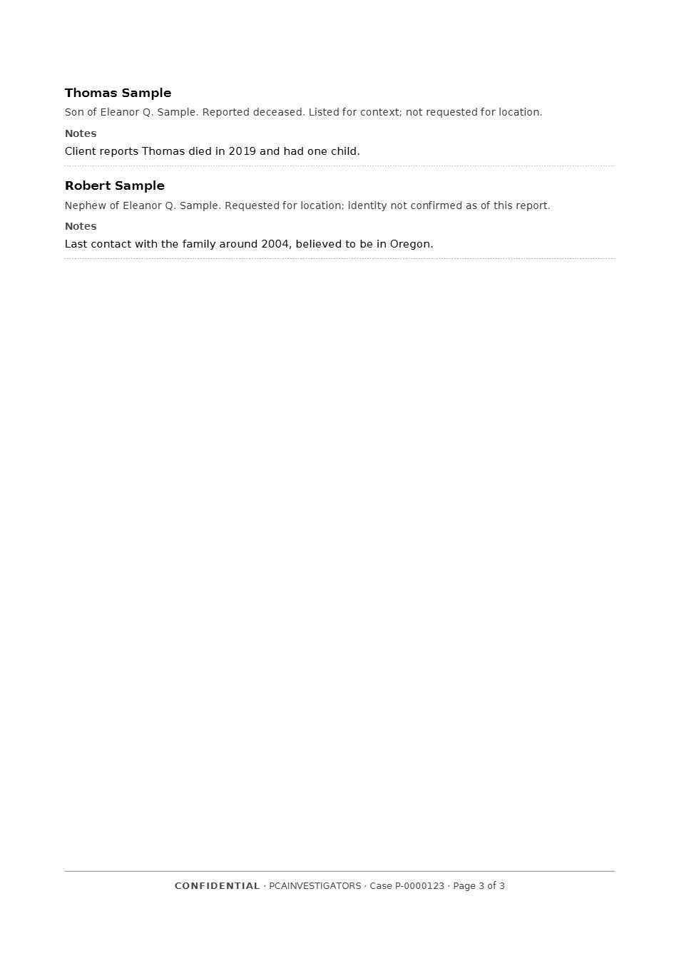 Page 3 of the sample report: persons not verified, kept apart from the findings